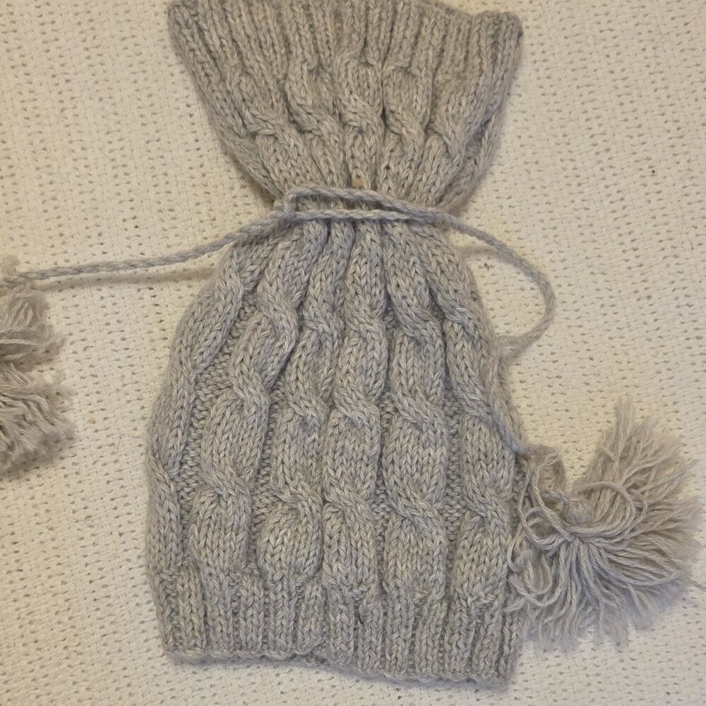Hand-Made Alpaca Cable Knit Cap with Long Tassels – Gray – Unique & Whimsical ✨
